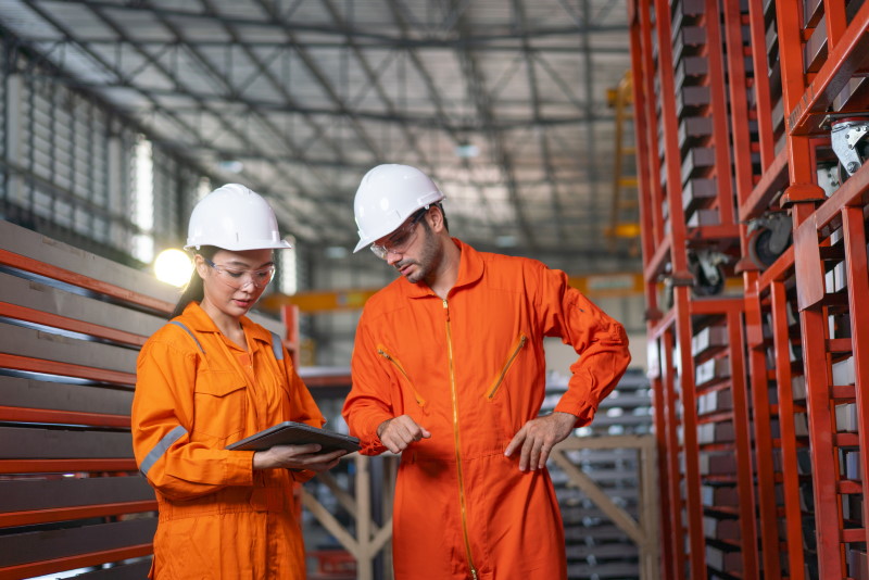 Workers in a factory looking at a preventive maintenance checklist