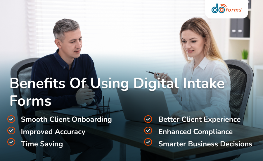 A custom image listing the benefits of digital intake forms