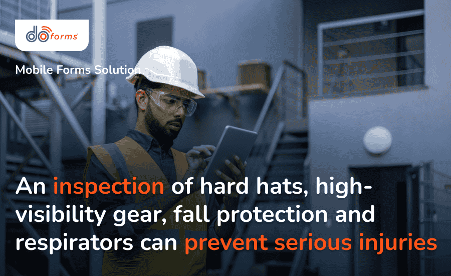 A man with a tablet on a construction site filling out a PPE inspection checklist